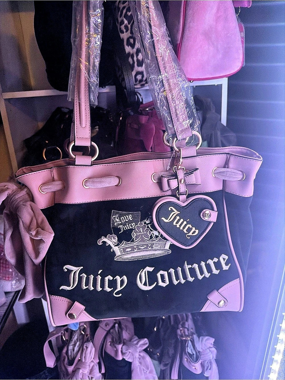 Juicy Couture Royal Juicy Crown Daydreamer Velour Tote Pink & Black